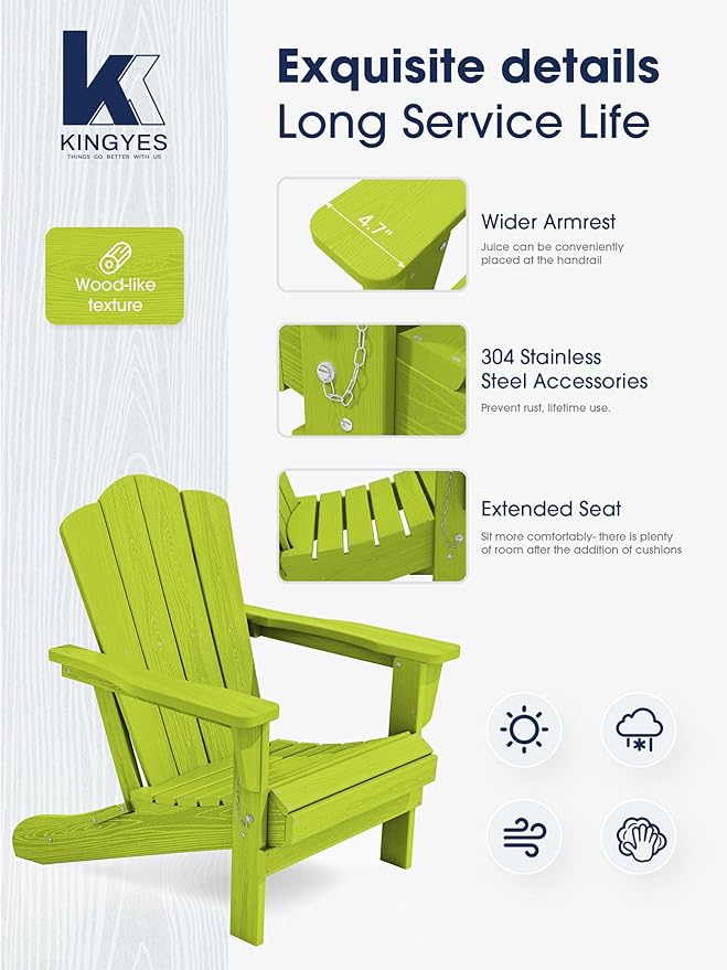 KINGYES Folding Adirondack Chair Set of 8, HDPE All-Weather Folding Adirondack Chair, Apple - Photo 4