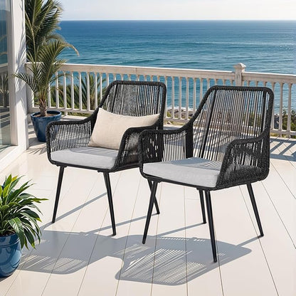 Patio Dining Chairs, Outdoor Dining Chairs with Armrest and Cushion Set of 6, Woven Twisted Wicker Rattan Chair, Modern Indoor Outdoor Seating for Garden, Lawn, Backyard, Black