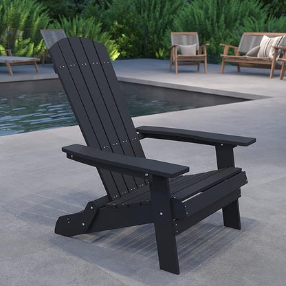 Merrick Lane Riviera Poly Resin Folding Adirondack Lounge Chair - Black - Indoor/Outdoor - Weather Resistant