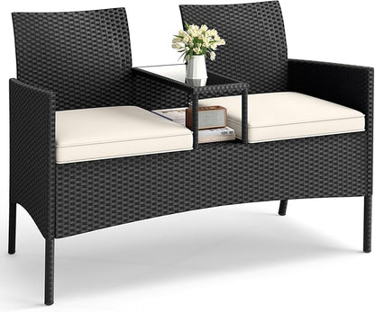 HAPPYGRILL Outdoor Rattan Loveseat, 2-Seat Patio Conversation Set with Built-in Coffee Table, Cushions, Wicker Bench Furniture for Backyard, Garden, Balcony, Porch (Beige)