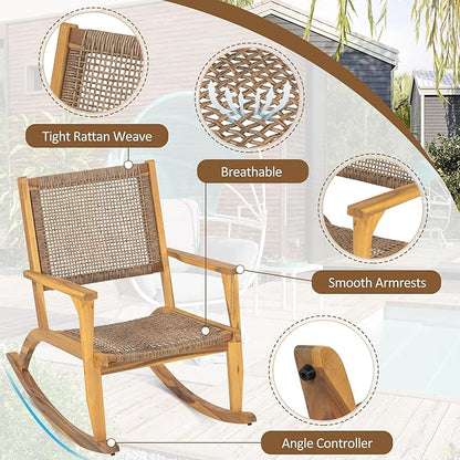 Outdoor Rocking Chair Set, Acacia Wood Patio Rockers with Wicker Rattan Seat & Backrest, Comfortable Garden Porch Chairs for Backyard, Balcony & Poolside, Natural