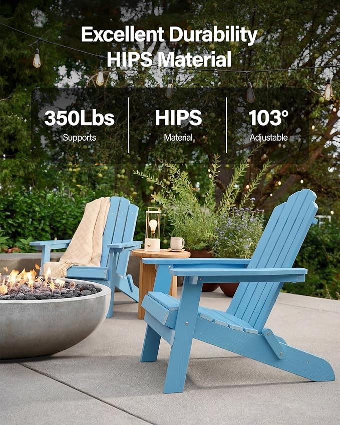 MXIMU Folding Adirondack Chair for Outdoor: Easy to Assemble and Comfortable Adirondack Chairs - All Weather Composite Plastic Chair for Outside Fire Pit Patio Lawn Garden Backyard Use(Blue)