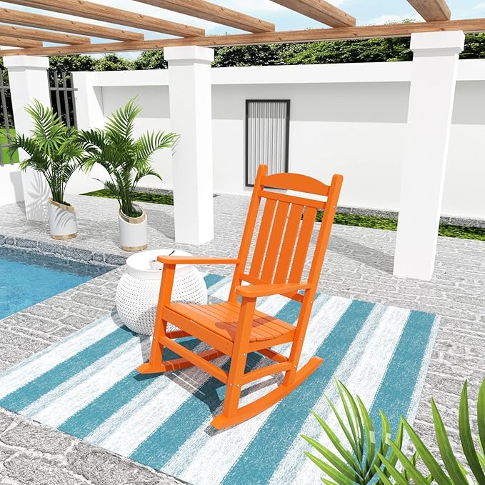 WO Home Furniture Patio Rocking Chair Farmhouse Outdoor HDPE UV Weather Resistant (Orange)