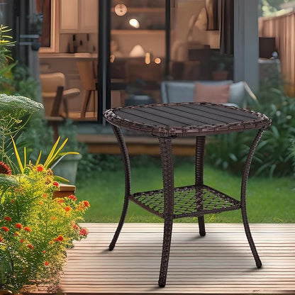 Outdoor Patio Side Table Set of 2 Small Brown Wicker Rattan End Table for Outside Storage Coffee Table with Poly Lumber Table Top for Garden Lawn Pool Porch Deck