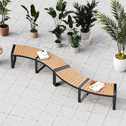 Tangkula Patio Curved Bench, Acacia Wood Fire Pit Bench w/Slatted Seat & Metal Legs, Outdoor Backless 2-Person Seating for Yard, Garden, Porch, 800 LBS Max Load, Oil Painted