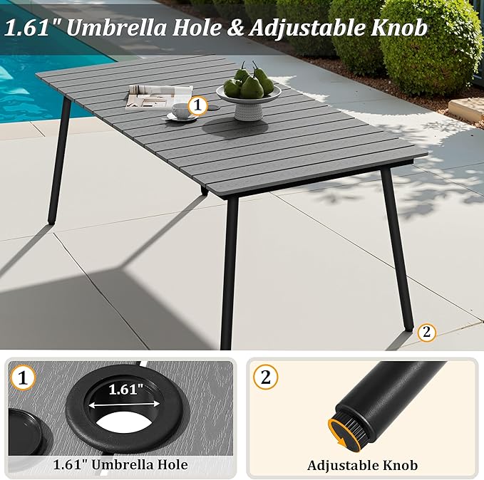 70" Patio Outdoor Dining Table for 6, Weather-Resistant Aluminum Frame with Wood-Grain Top & Umbrella Hole for Deck Gatherings, Dark Grey