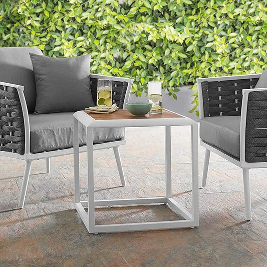 Modway Stance Outdoor Patio Contemporary Modern Wood Grain Aluminum Accent Side Table In White Natural