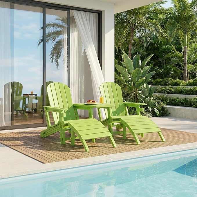 Shintenchi Adirondack Chair Set of 2,HDPE Adirondack Chairs with Umbrella Hole Connecting Tray & 2 Curved Ottoman,Plastic Outdoor Chairs with Cup Holders for Garden Backyard Pool,Green
