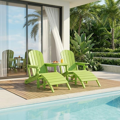 Shintenchi Adirondack Chair Set of 2,HDPE Adirondack Chairs with Umbrella Hole Connecting Tray & 2 Curved Ottoman,Plastic Outdoor Chairs with Cup Holders for Garden Backyard Pool,Green