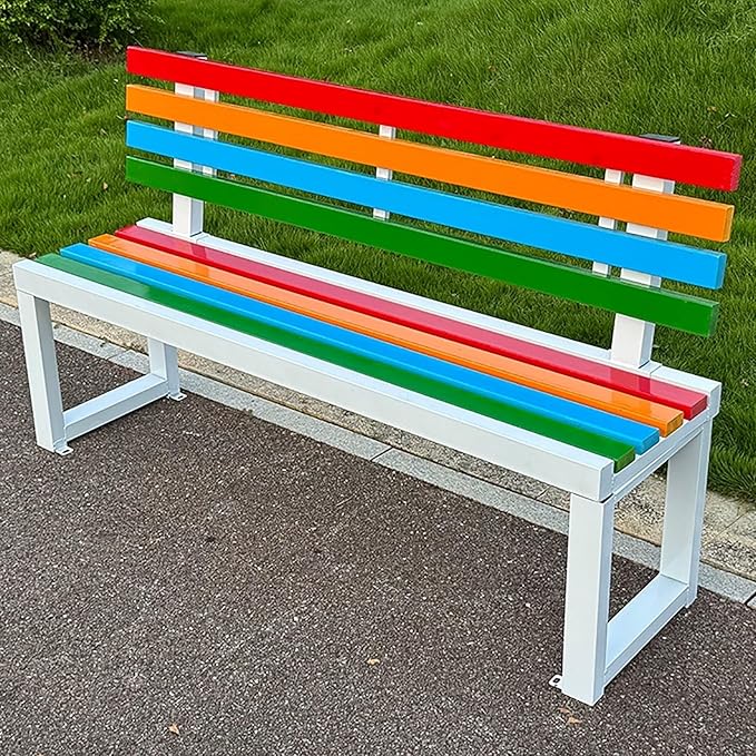 Metal Garden Bench, Outdoor Patio Park Benches, Front Porch Colorful Bench with Backrest, Slatted Chair for Poolside, Balcony, Lawn, Yard, Entryway(Colorful,150cm/59in)