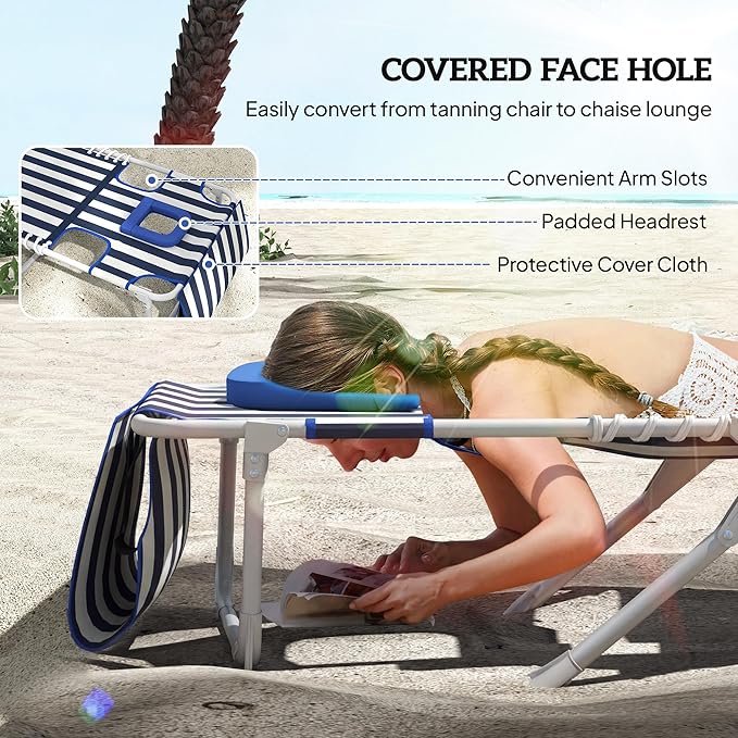 Outsunny Tanning Chair Set of 2 with Face Hole, Side Table, 5-Position Reclining Folding Chaise Lounge Chair Outdoor Lounger Recliner, Carry Straps for Beach Pool Camp, Oxford Fabric, Blue and White