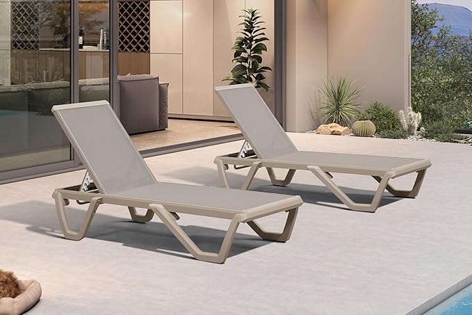 PURPLE LEAF Outdoor Chaise Lounge Chair Set of 2 Pool Lounge Chair with Champagne Aluminum Plastic Stackable Patio Lounge Chair for Poolside Sunbathing Beach Deck Yard, Taupe