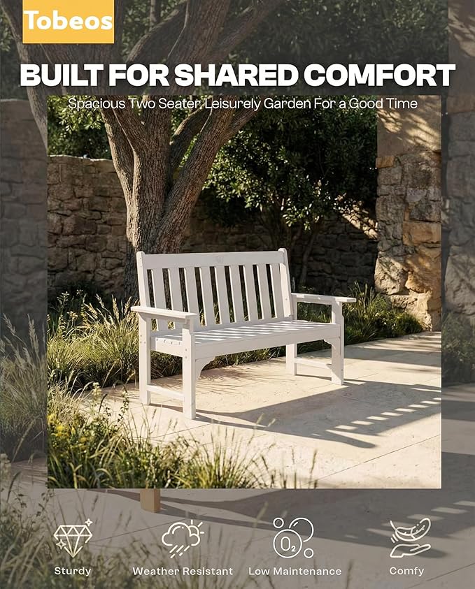 2-Person Outdoor Garden Bench, HDPE All-Weather Patio Bench with Backrest & Armrests, Heavy Duty Outdoor Seating for Porch, Backyard & Park, 660 lbs (White, 1 Bench)