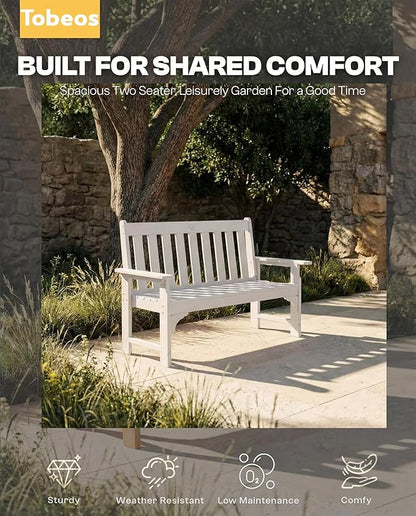 2-Person Outdoor Garden Bench, HDPE All-Weather Patio Bench with Backrest & Armrests, Heavy Duty Outdoor Seating for Porch, Backyard & Park, 660 lbs (White, 1 Bench)