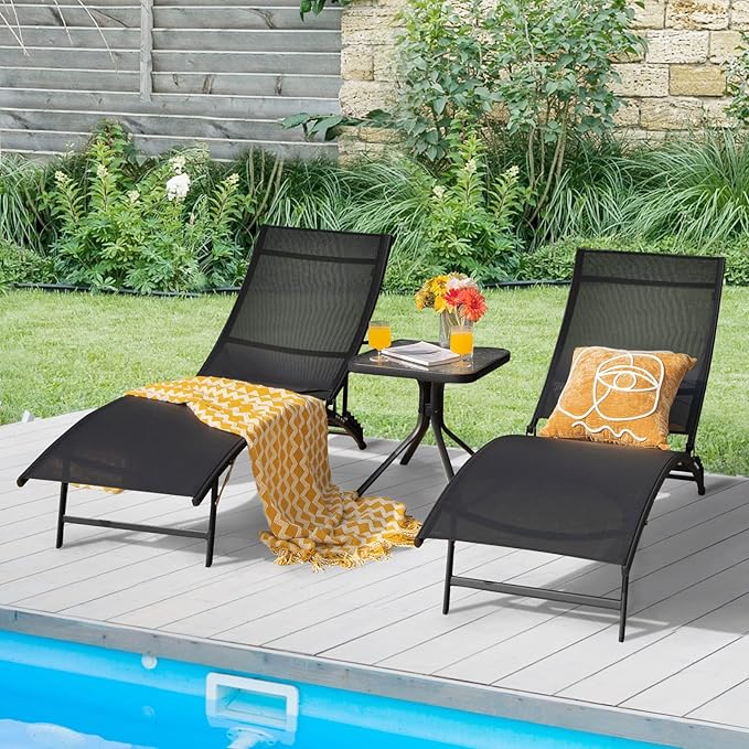 Giantex Outdoor Chaise Lounge Set of 2, Foldable Pool Lounge Chairs with 5-Position Adjustable Backrest, Quick-Drying Fabric, Patio Lounger for Backyard, Beach, Lawn, Sunbathing Recliner, Black