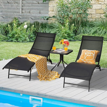 Giantex Outdoor Chaise Lounge Set of 2, Foldable Pool Lounge Chairs with 5-Position Adjustable Backrest, Quick-Drying Fabric, Patio Lounger for Backyard, Beach, Lawn, Sunbathing Recliner, Black