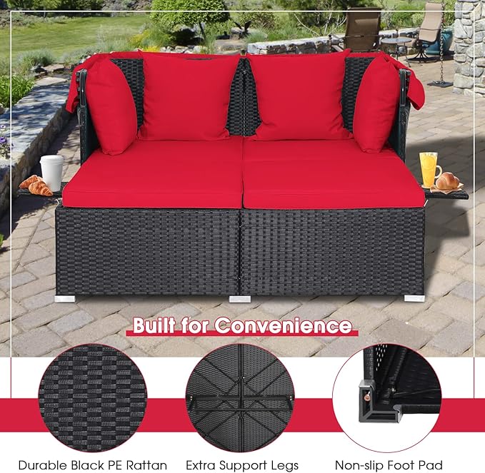 LDAILY Moccha Outdoor Daybed with Retractable Canopy, Wicker Cabana with 2 Side Tables & Soft Cushions - Photo 7