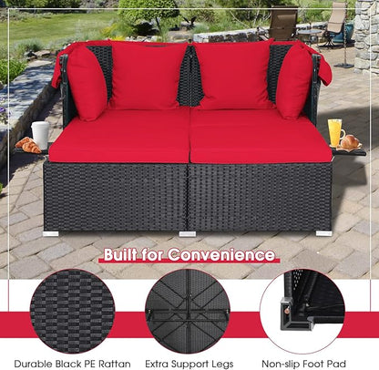 RELAX4LIFE Patio Outdoor Daybed with Canopy, Wicker Sunbed w/Cushions, 4 Pillows & 2 Retractable Side Trays, 2-Person Lounge Bed Conversation for Poolside Porch Garden, Rattan Outdoor Bed (Red)