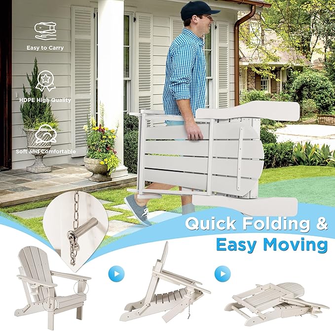 nalone Folding Adirondack Chairs Set of 2 with Cushion with Cup Holder, HDPE Plastic Oversized Patio Chair Weather Resistant, Used in Outdoor, Fire Pit, Deck, Garden, Campfire Chairs (White)
