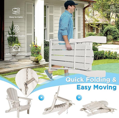 nalone Folding Adirondack Chairs Set of 2 with Cushion with Cup Holder, HDPE Plastic Oversized Patio Chair Weather Resistant, Used in Outdoor, Fire Pit, Deck, Garden, Campfire Chairs (White)