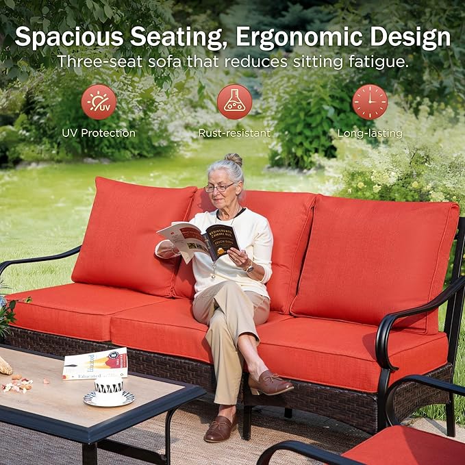 Wicker & Metal Outdoor Patio Couch, 3-Seat Patio Sofa with Deep Seating for Front Porch, Deck, Balcony, Backyard - Photo 3