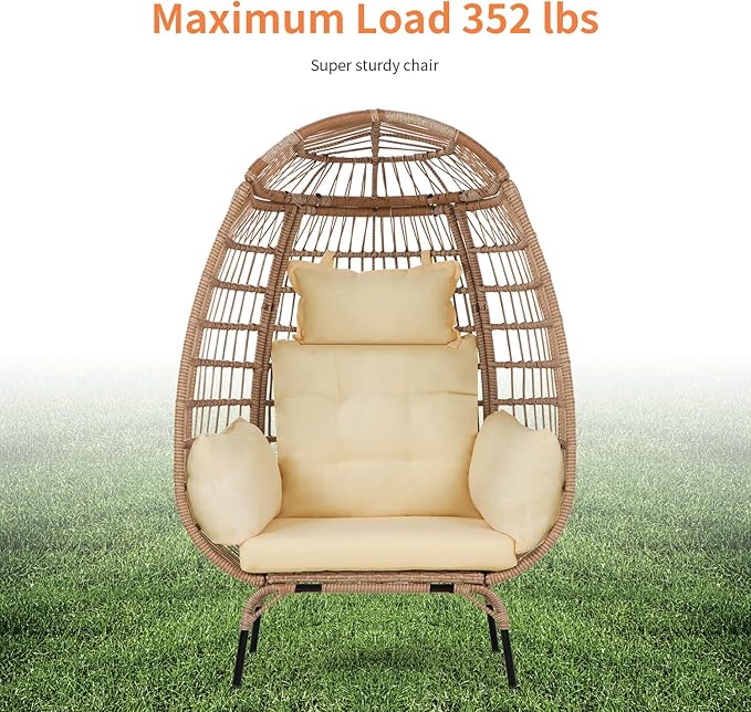 Oversized Egg Chair Outdoor Wicker Egg Chair 352lbs Capacity Outdoor Lounge Chair All Weather PE Rattan Patio Chair with Removeable Thick Cushions for Patio Balcony Backyard Garden Indoor, White