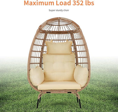 Oversized Egg Chair Outdoor Wicker Egg Chair 352lbs Capacity Outdoor Lounge Chair All Weather PE Rattan Patio Chair with Removeable Thick Cushions for Patio Balcony Backyard Garden Indoor, White