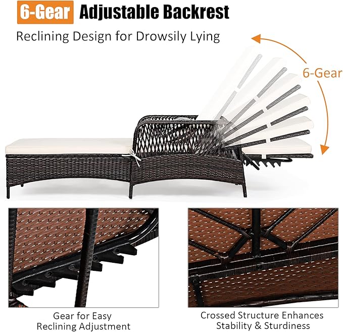 COSTWAY PE Rattan Chaise Lounge Chair, 6 Gear Adjustable Recliner with Armrest & Pillow, Wicker Outdoor Furniture for Deck, Patio (1, Brown)