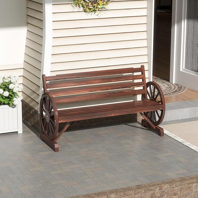 FIZZEEY Outdoor Bench - 52" Long Outside Garden Bench with Slatted Backrest & Wagon Wheel Armrests, Porch Furniture for Porch, Yard, Lawn, Rustic Brown