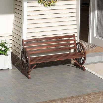 FIZZEEY Outdoor Bench - 52" Long Outside Garden Bench with Slatted Backrest & Wagon Wheel Armrests, Porch Furniture for Porch, Yard, Lawn, Rustic Brown