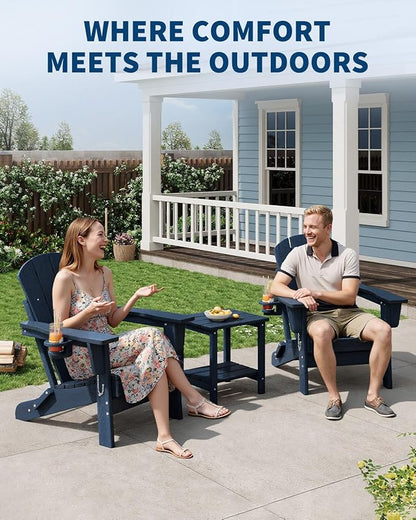 Folding Adirondack Chair Set of 6, All-Weather HDPE Outdoor Chair, Wooden Textured with Cup Holder for patios, Decks, Gardens, fire pits, Navy Blue