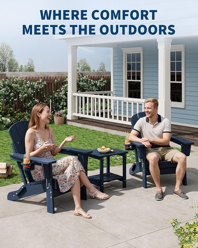 Garvee Folding Adirondack Chair Set of 2, HDPE Outdoor Patio Chair with Cup Holder, All Weather Resistent Wooden Textured for patios, Decks, Gardens, fire Pit, Navy Blue