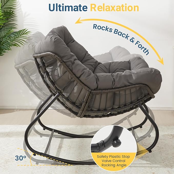 Wisteria Lane Patio Rocking Chair with Ottoman, Outdoor Indoor Rocking Egg Chair with Cushions, Metal Lounge Chair Oversized Papasan Chair, Outdoor Wicker Reading Chair for Porch Garden, Dark Grey