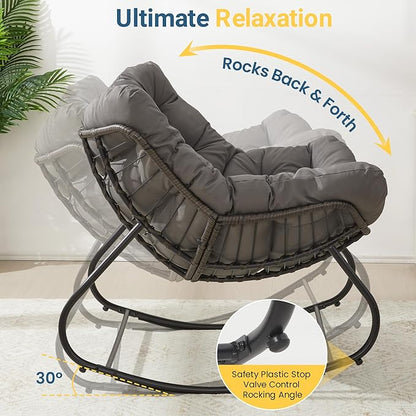 Wisteria Lane Patio Rocking Chair with Ottoman, Outdoor Indoor Rocking Egg Chair with Cushions, Metal Lounge Chair Oversized Papasan Chair, Outdoor Wicker Reading Chair for Porch Garden, Dark Grey