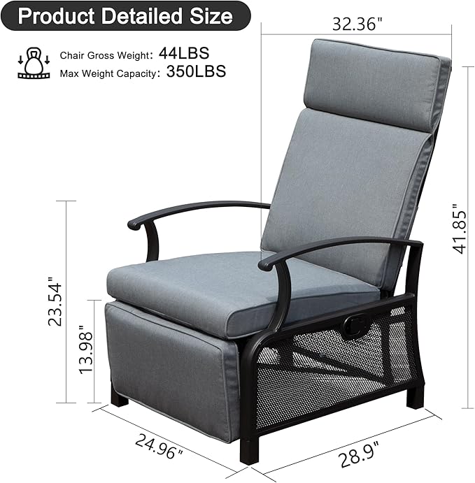 Domi Adjustable Patio Recliner Chair Metal Outdoor Lounge Chair with Flip Table Push Back, Adjustable Angle, Removable Cushions, Support 350lbs, Gray