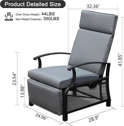 Domi Adjustable Patio Recliner Chair Metal Outdoor Lounge Chair with Flip Table Push Back, Adjustable Angle, Removable Cushions, Support 350lbs, Gray