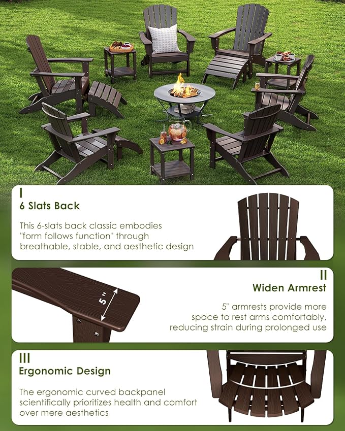 GREENVINES Adirondack Chairs Set of 4 | Wood Grain HDPE Plastic | Oversized Fire Pit Chair | All Weather | Dark Brown | Poly Lumber | for Outdoor Deck Backyard Patio Garden