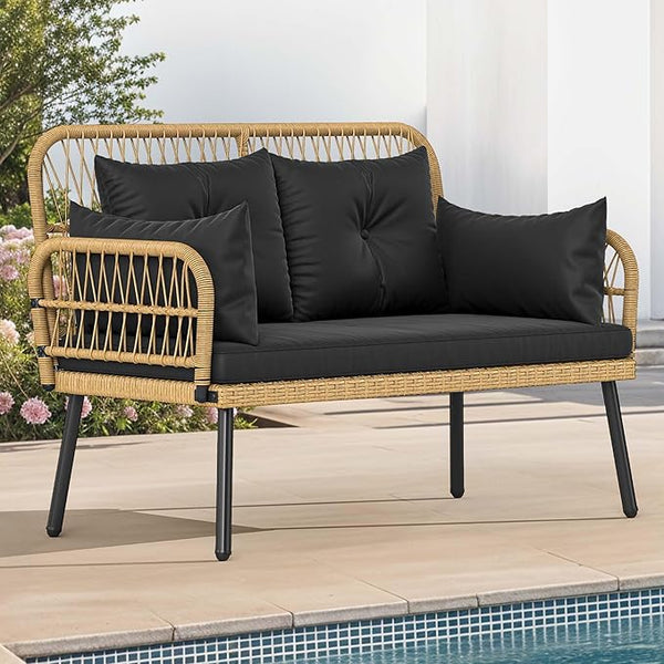 DWVO Outdoor Loveseat, Patio Wicker Furniture Set with Cushion & Adjustable Feet, Patio Couch for Garden, Balcony - Photo 1