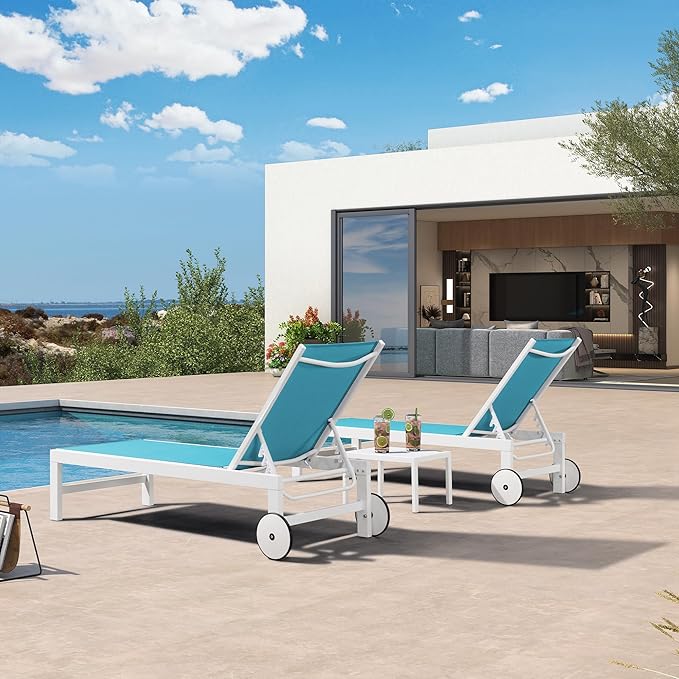 PURPLE LEAF Outdoor Lounge Chairs Set of 2 White Aluminum Chaise Lounge Chair Five-Position Adjustable Chaise Lounges with Wheels and Table for Pool Deck Patio, Turquoise