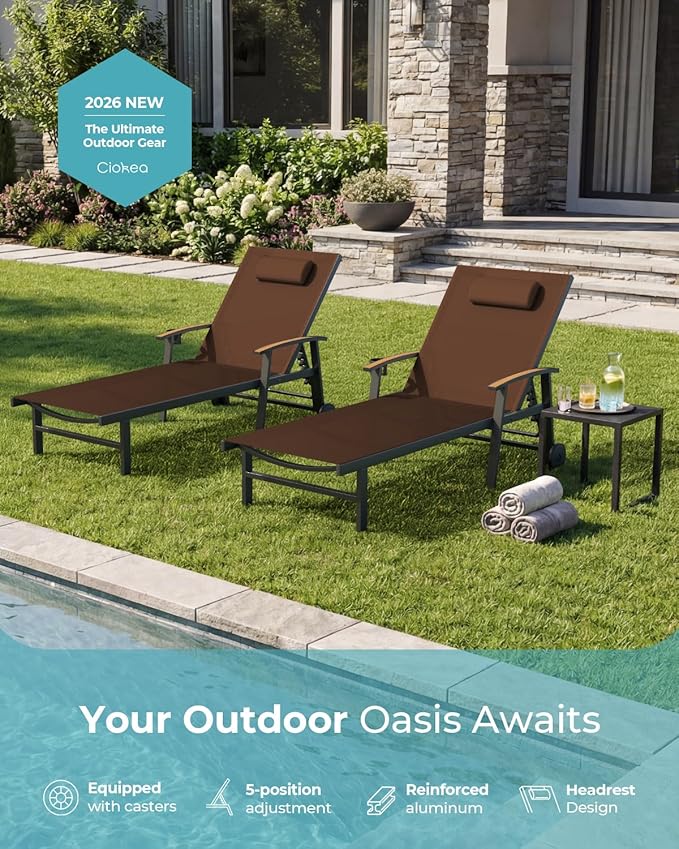 Ciokea Outdoor Lounge Chair with Pillow Set of 2, 5-Position Aluminum Chaise Lounge with Wheels & Armrests - Photo 7