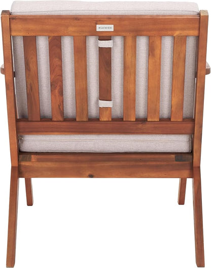 SAFAVIEH Outdoor Collection Dryad Mid-Century Modern Natural/Light Grey Solid Wood Chair with Cushion, Ideal for Deck, Patio, Backyard, Sunroom