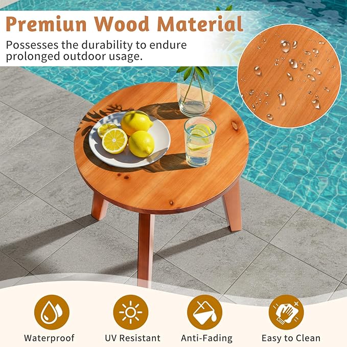 Outvita Outdoor Side Table, Acacia Wooden End Table Small Coffee Table for Patio Balcony Garden Living Room Bedroom Sturdy (Smooth Tabletop - Three Legs)