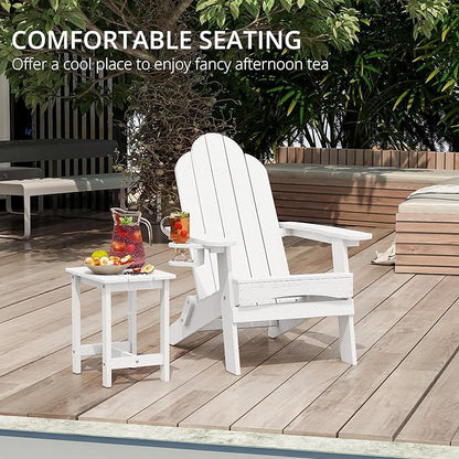 LUE BONA Folding Adirondack Chair Set of 2 with Adirondack Side Table, White HDPS Fire Pit Adirondack Chairs with Cup Holder for Patio, Proch
