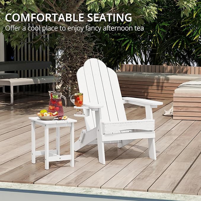 LUE BONA Folding Adirondack Chair, HDPS Weather Resistant Outdoor Patio Chair for Balcony Garden, 350 lbs Heavy Duty, One-Step No-Pin Folding, Realistic Wood Grain Texture, Fire Pit Seating, White