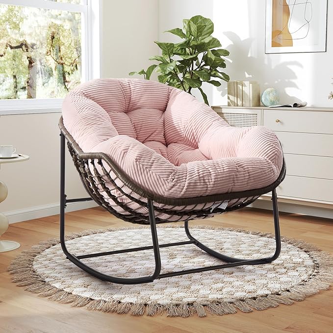 SLEERWAY Large Indoor Rocking Chair Set of 2, Oversized Rocking Papasan Chair with Thick Cushion and Frame, Comfy Corduroy Rocker Wicker Egg Chairs Lounge Reading Chair for Living Room, Bedroom, Pink