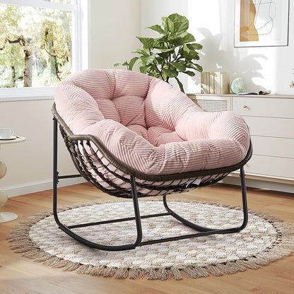 SLEERWAY Large Indoor Rocking Chair Set of 2, Oversized Rocking Papasan Chair with Thick Cushion and Frame, Comfy Corduroy Rocker Wicker Egg Chairs Lounge Reading Chair for Living Room, Bedroom, Pink