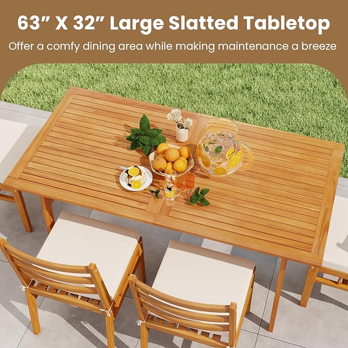 Tangkula 63-Inch Acacia Wood Outdoor Dining Table for 6, Large Rectangular Patio Dining Table with 1.97" Umbrella Hole, 6-Person Indoor Outdoor Table for Kitchen Deck Garden Backyard