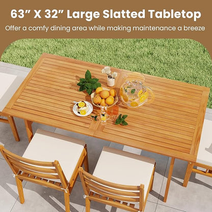 Tangkula 63-Inch Acacia Wood Outdoor Dining Table for 6, Large Rectangular Patio Dining Table with 1.97" Umbrella Hole, 6-Person Indoor Outdoor Table for Kitchen Deck Garden Backyard
