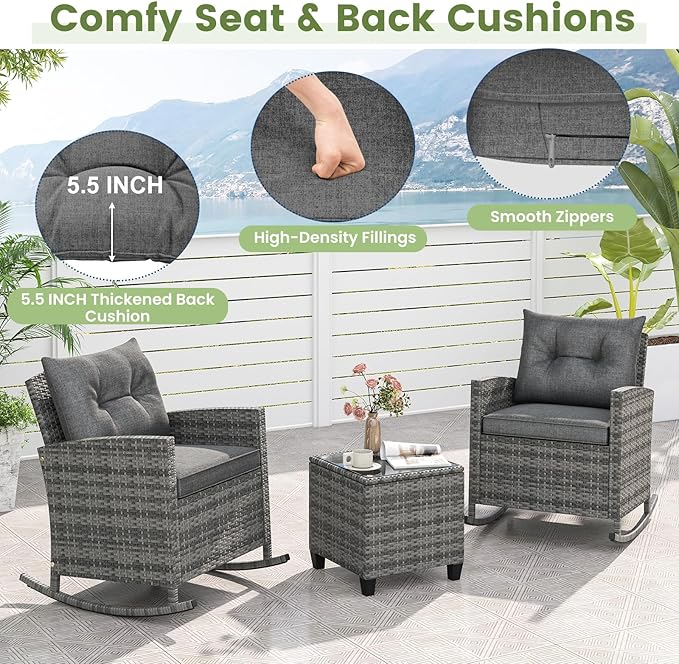 Tangkula 3 Piece Wicker Rocking Set, Patio Rattan Roker Chairs with Tempered Glass Table & Soft Cushions, Outdoor Furniture Set for Backyard, Poolside Porch (Grey)