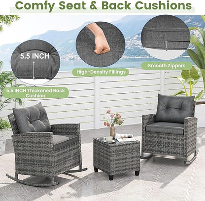 Tangkula 3 Piece Wicker Rocking Set, Patio Rattan Roker Chairs with Tempered Glass Table & Soft Cushions, Outdoor Furniture Set for Backyard, Poolside Porch (Grey)
